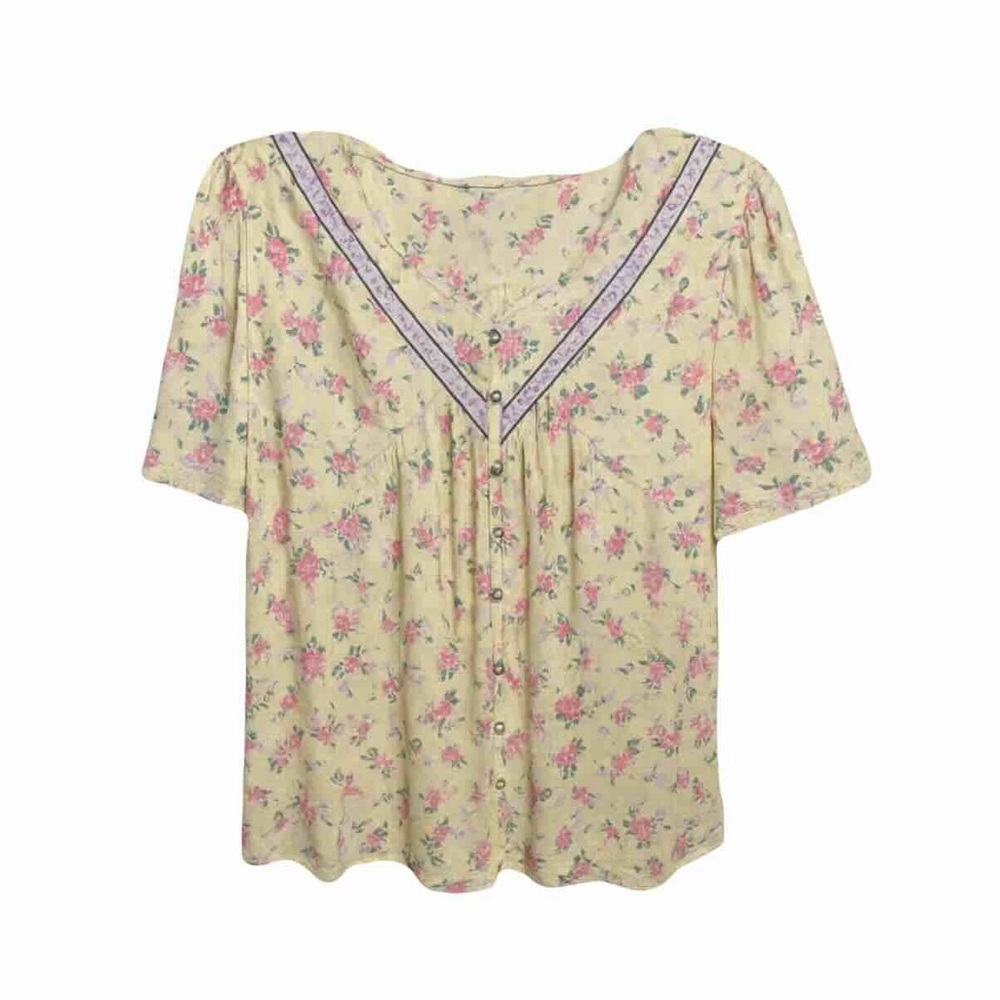Lucky Brand Floral Top Yellow Short Sleeve V-Neck Size M NWOT